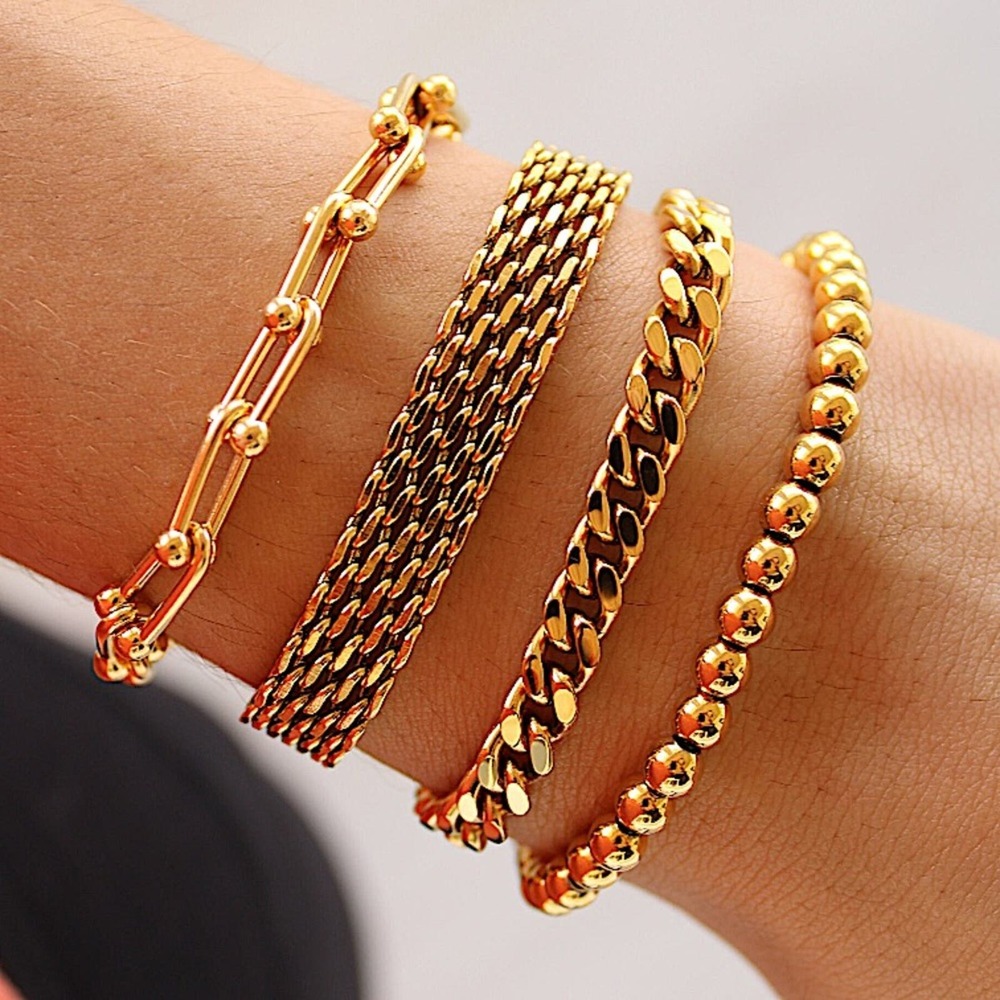 Gold Plated Bracelet Set, U Link, Mesh, Cuban, Beaded, Chain Link Bundle